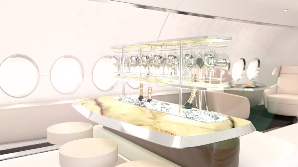 Longtail Cabin Interior Design concept for Boeing Business Jet Max 7 featuring bar centrepiece