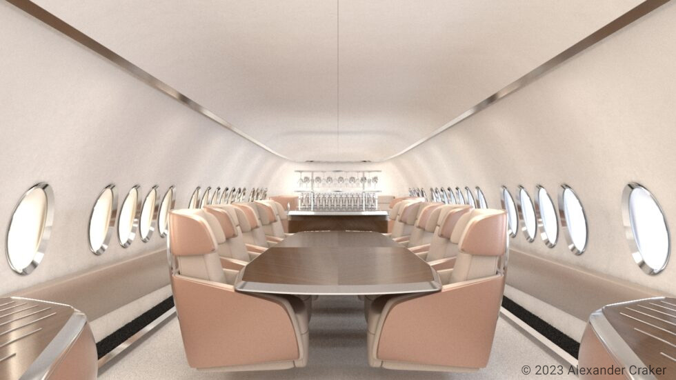 final render of dining table on a private jet