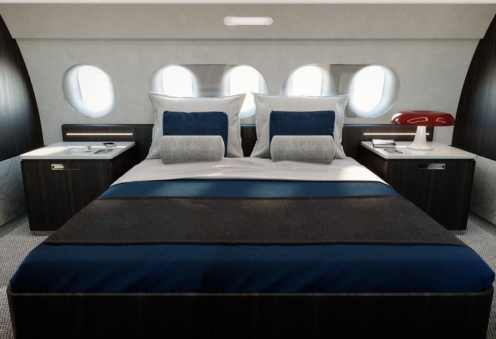 sleeping on private jets - image shows a luxurious master suite on a bizliner ACJ220 converted to a private jet
