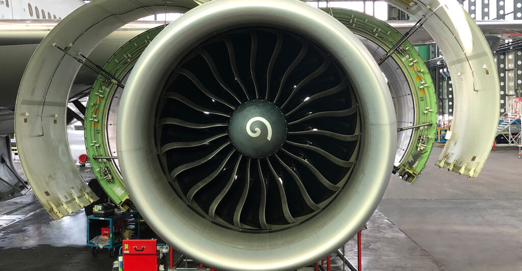Jet engine undergoing maintenance